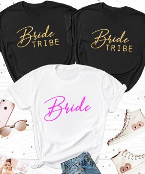 Set tricouri personalizate "Petrecerea burlacitelor Bride and Tribe", Roz/Auriu glitter,